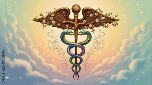 Caduceus Symbol with Floral Wings and Colorful Snakes on Dreamy Pastel Sky, Medical and Healing Concept Illustration