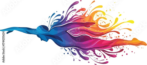 Dynamic swimmer silhouette bursts with vibrant color, creating a stunning visual metaphor for energy, motion, and artistic expression on white
