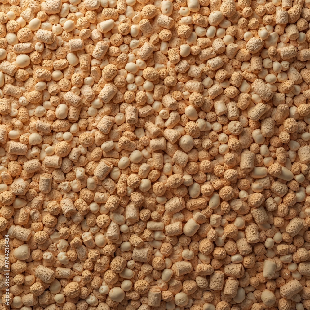 Fototapeta premium Seamless natural texture shows light brown granules. Small beige pellets mix with textured cork pieces. Organic eco material forms warm earthy background. Good for floor, wall, design, craft, decor,