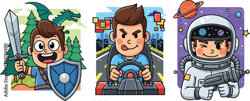 Cartoon boy as knight racer and astronaut, fun gaming adventure characters, fantasy medieval racing and space exploration concept, colorful comic style vector illustration
