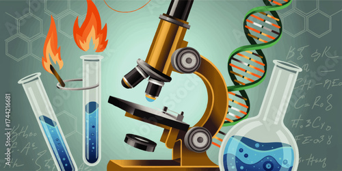 Modern Science Laboratory Illustration with Microscope, Test Tubes, DNA Helix, Chemical Reactions, and Scientific Elements