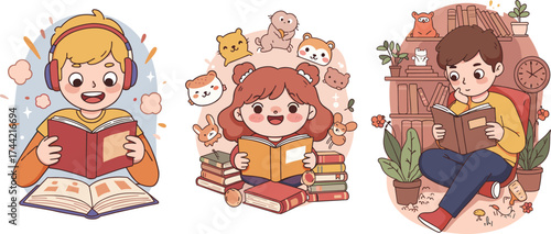 Children reading books – cute kids enjoying stories with animals and imagination