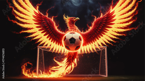 Fiery Phoenix with Soccer Ball Rising in Front of Goal, Dramatic Fantasy Sports Illustration on Dark Background