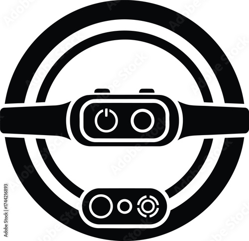 Black silhouette of a steering wheel with a futuristic control panel and buttons for gaming or virtual reality