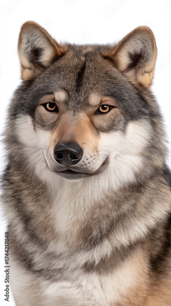 Fototapeta premium Majestic wolf portrait captured against a plain background showcasing its striking features and expressive eyes