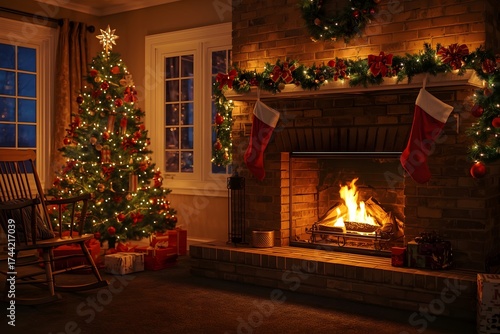 Warm Christmas Living Room with Fireplace, Tree, and Stockings