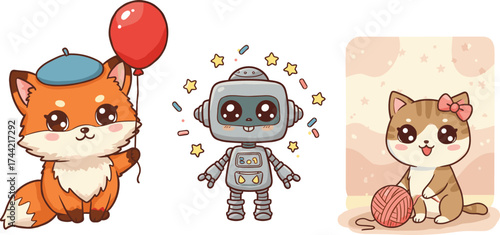 Cute fox with balloon robot and cat with yarn ball, kawaii cartoon characters, adorable friendship concept, pastel color children design vector illustration