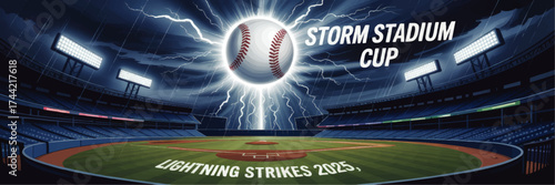 Electrifying Baseball Stadium Under Stormy Night Sky with Lightning and Glowing Ball – Sports Event Poster Concept