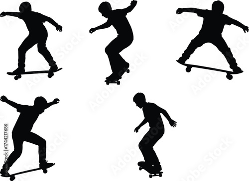 Skateboarder silhouette performing extreme tricks and stunts, dynamic vector illustration showing urban sport, balance, energy, lifestyle, youth culture, adventure