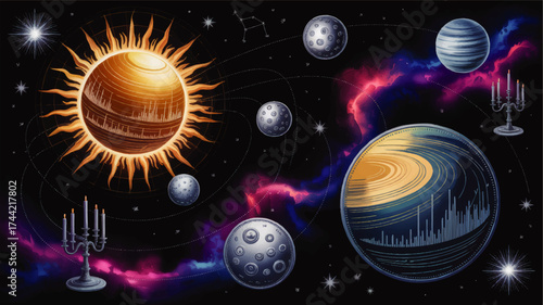 Surreal Cosmic Illustration with Glowing Sun, Planets, Nebula, Constellations, and Candleholders on Black Space Background
