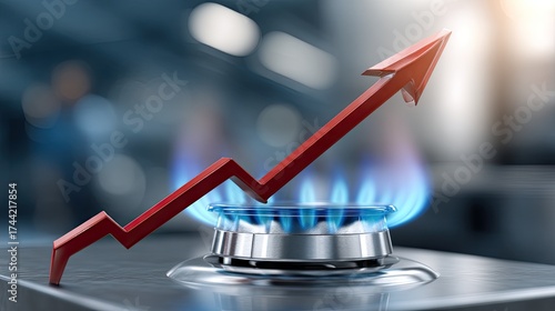 Red arrow rising above a gas burner showing increasing energy prices during a financially challenging time in a modern kitchen