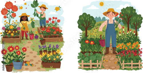 Gardening people, colorful flower garden scene, farmers planting and harvesting plants, spring nature outdoor activity, eco lifestyle vector illustration