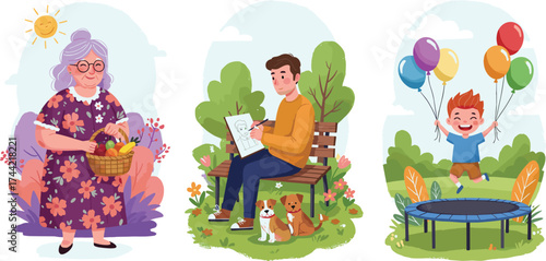 Happy family outdoor activities, grandmother gardening, artist drawing in park, child playing with balloons, colorful lifestyle vector illustration