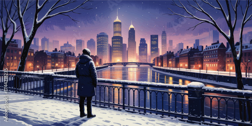 Winter Urban Riverside View at Sunset – Person in Parka Overlooking Modern City Skyline, Snowy Street, and Illuminated River