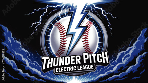 Dynamic Thunder Pitch Electric League Logo with Lightning Bolt, Baseball, Storm Clouds, and Electric Energy for Sports Branding