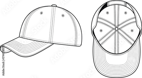 Technical drawing baseball cap vector illustration, front and top view, stitched panels, curved brim, fashion accessory design, casual headwear graphic