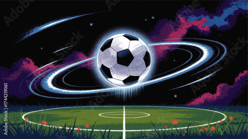 Surreal Soccer Ball in Cosmic Space Orbit Above Soccer Field, Night Sky, Fantasy Sports Art, Glowing Stars Illustration