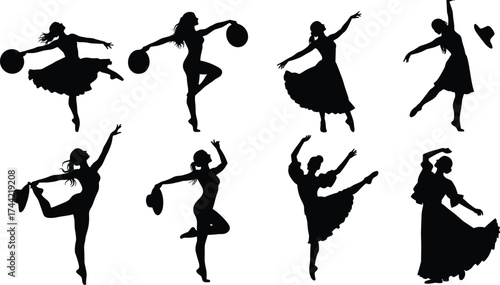 Traditional dancers silhouettes performing cultural folk dance in dynamic poses with flowing skirts and hats, elegant movement, festival celebration vector illustration