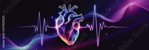 Futuristic Polygonal Human Heart with Neon ECG Wave and Glowing Abstract Colors on Dark Background – Digital Health Concept Art