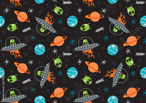 Fototapeta Cute colorful seamless space ship vector pattern with aliens, space ships, stars, planets and rockets on a black background