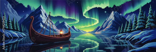 Viking Ship in Winter Fjord with Northern Lights, Snowy Mountains and Pine Trees, Vibrant Aurora Borealis Night Landscape Illustration