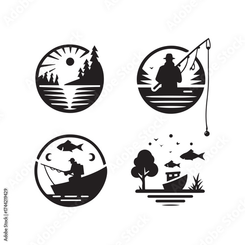 Four black and white circular fishing logos depicting serene outdoor scenes with anglers and fish Keywords: fishing logo, sport fishing, angling, fish, fisherman, boat, lake, river, ocean, sea