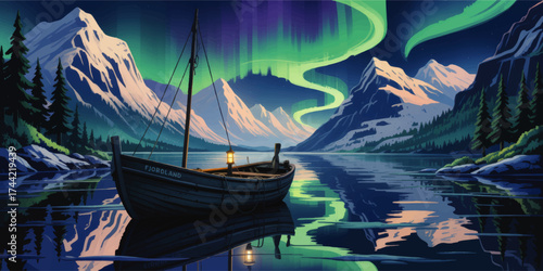 Tranquil Fjord Landscape with Wooden Boat, Snowy Mountains, and Vibrant Northern Lights Aurora at Night – Digital Illustration