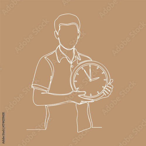 Minimalist Line Drawing of a Person Holding a Classic Round Wall Clock with a Brown
