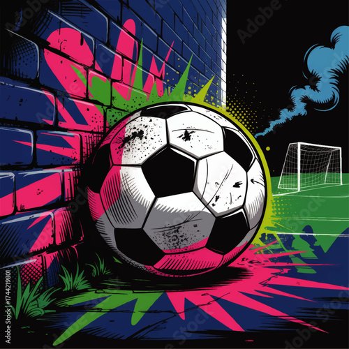 Vibrant Pop Art Soccer Ball Against Graffiti Brick Wall with Neon Colors and Urban Street Style on Sports Field