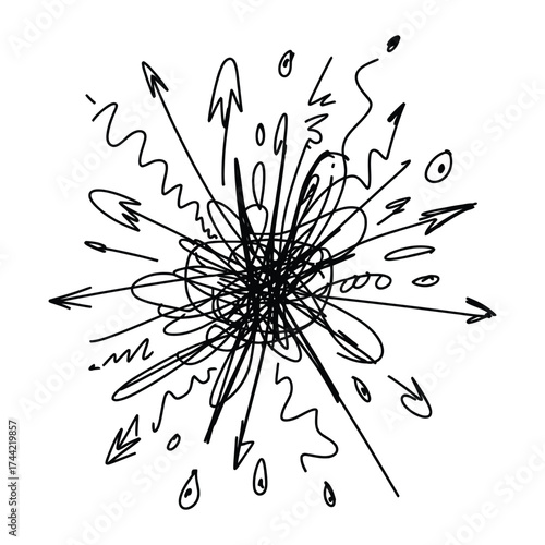 Abstract chaotic doodle explosion of lines, arrows, and shapes radiating outward in circular sketch style black and white illustration