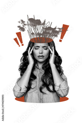 Εκτύπωση καμβά Vertical photo collage of sad girl suffer headache overworked tiredness mental h