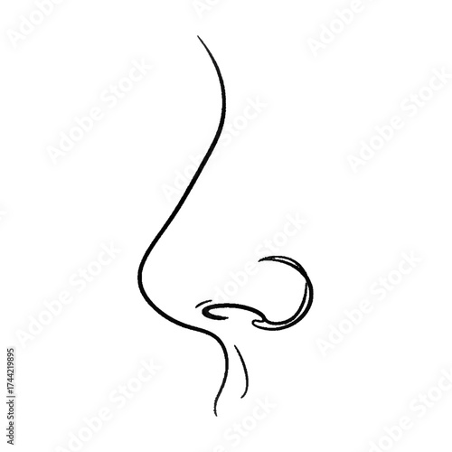 Hand drawn minimalist vector icon of a nose with scent waves