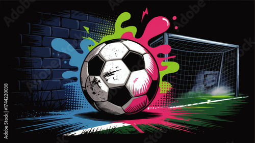Vibrant Graffiti Soccer Ball Illustration with Colorful Splashes, Urban Brick Wall, and Goal on Black Background