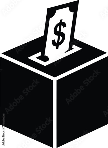 Black and white illustration of a donation box with a dollar bill being inserted