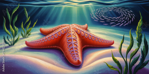 Vibrant Underwater Scene with Red Starfish, Sun Rays, School of Fish, and Seaweed on Ocean Floor – Digital Illustration