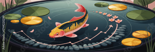 Vibrant Koi Fish in Pond with Lily Pads and Infographic Elements, Modern Vector Art for Business Growth Concepts