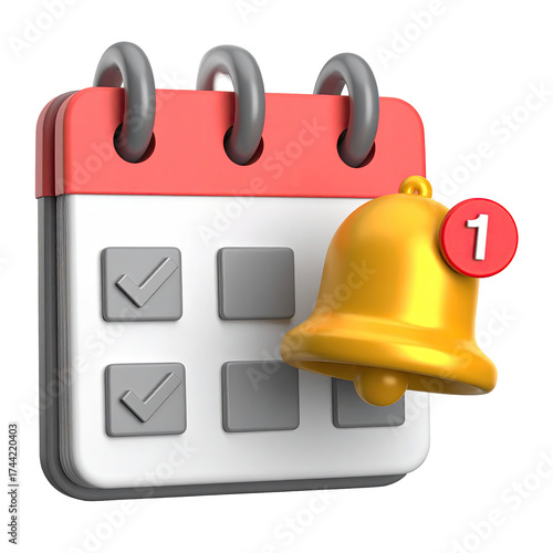 3D rendered calendar with bell and notification. Indicates events and reminders