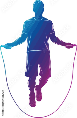 Dynamic fitness jump rope workout silhouette in vibrant blue and purple gradient, high energy cardio training for health and wellness, modern gym vector
