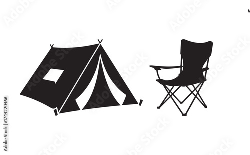 Black silhouette of a camping tent and folding chair