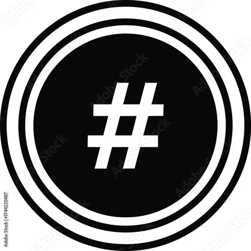 A bold black circle with concentric white rings contains a white hash symbol representing social media and trending topics