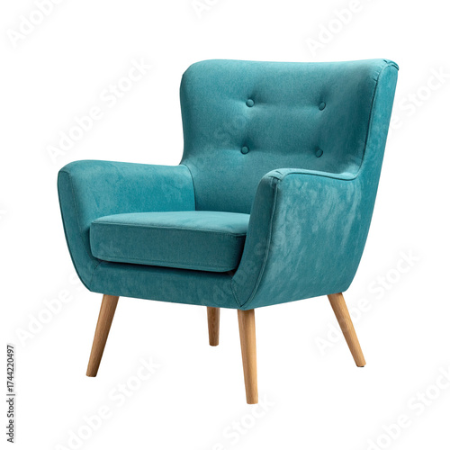 Isolated teal armchair with wooden legs, buttoned back, and a modern design on a black background