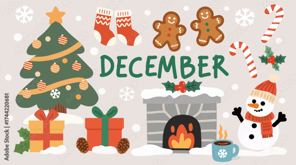 Obraz premium Cozy December illustration set in flat hand-drawn style with winter and holiday theme