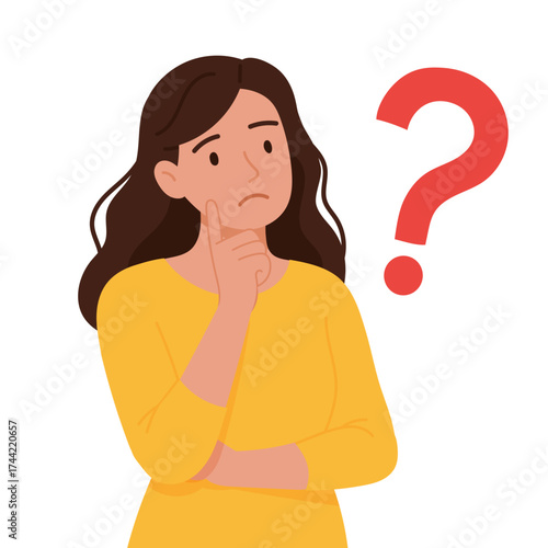 Contemplative Woman in Yellow Sweater Pondering a Question with a Thoughtful Expression. woman and question mark. Pensive woman on white background