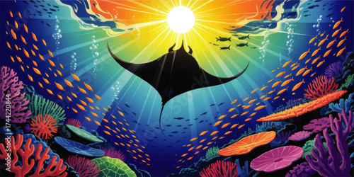Vibrant Underwater Coral Reef Scene with Manta Ray, Colorful Fish and Sunbeams – Vector Ocean Wildlife Illustration