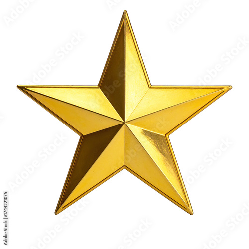 A shiny, gold five-pointed star with beveled edges against a stark black background