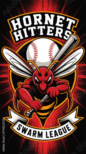 Fierce Hornet Baseball Mascot Logo – Swarm League Sports Team Emblem, Aggressive Cartoon Wasp with Bat, Red and Black Background