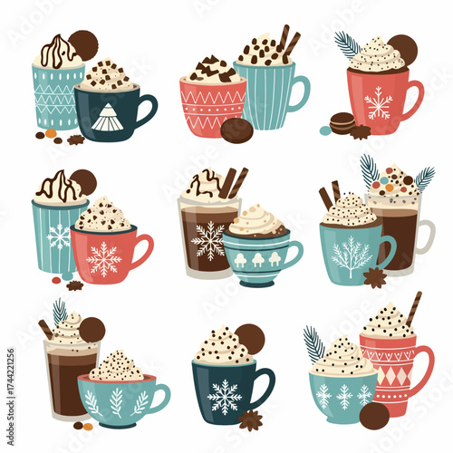 Seamless vector pattern set featuring cute cartoon coffee and tea cups with sweet chocolate cupcakes, cream muffins, and bakery desserts for a cafe party design