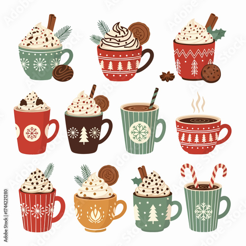Seamless vector pattern set featuring cute cartoon tea and coffee cups with sweet birthday cupcakes, chocolate muffins, and cherry desserts for a bakery party design