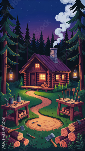 Cozy Wooden Cabin in Pine Forest at Dusk, Smoky Chimney, Lanterns, Lumberjack Tools, Cartoon Illustration for Rustic Living and Nature Retreats