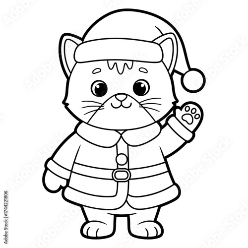 Cute cat in Santa costume waving. Christmas holiday cartoon vector. Kids coloring page.